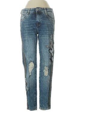 Zara Trafaluc Floral Embroidered Distressed Jeans Size 4